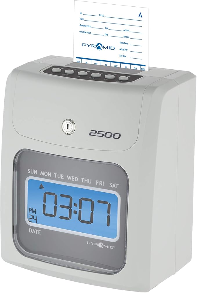 Pyramid Time Systems - 2500 Auto-Aligning Employee Time Clock Timekeeping Bundle [2500K1] for Small Business, Punch Clock System with 100 Time Cards, 2 Ribbon Cartridges, 10-Slot Rack & Security Keys