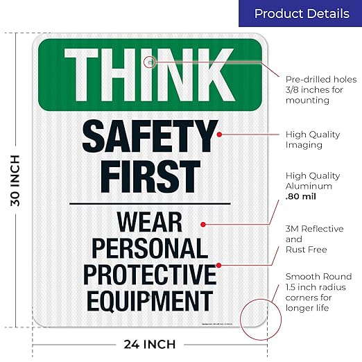 Think Safety First Wear Personal Protective Equipment Sign, 24x30 Inches, 3M EGP Reflective .080 Aluminum, Fade Resistant, Made in USA