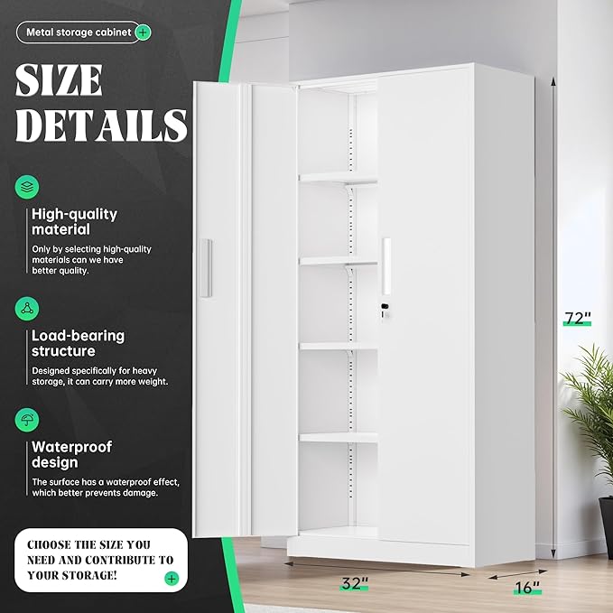 Oakmont Metal Storage Cabinet for Tool Organization, 72" Lockable Garage Storage Cabinets with 2 Doors and 4 Adjustable Shelves, Locking File Cabinet for Office, Home, School (72“ Standard-White)