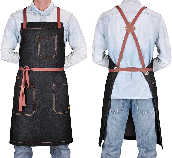 Professional Apron with Pockets, Mens Womens Chef Kitchen Bib Black Denim Apron for Cooking Grill BBQ Server, with Cross Back Straps and Towel Loop