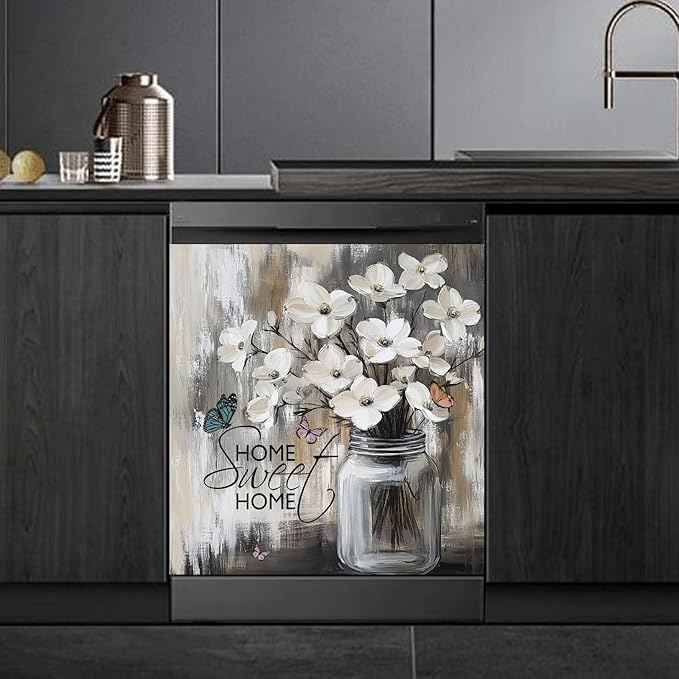 Rustic Farmhouse White Flowers Dishwasher Magnet Cover,Pastoral Floral Magnetic Dishwasher Cover Vinyl Sticker,Fridge Door Cover Magnets Art Skin Panel Decal,Home Decor Decal,23"X26"