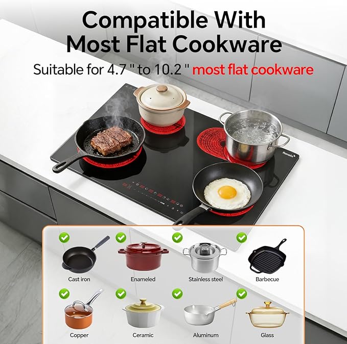 Ranein Electric Cooktop with 4 Burners, 30 inch 7900W 240V Ceramic Panel Electric Cooktop, Multiple Safety Protections Stove, Touch Screen