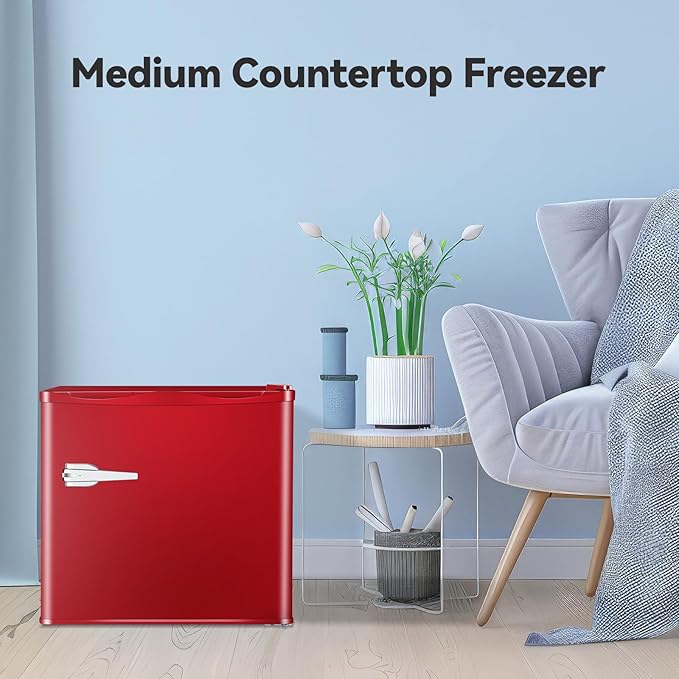 Mini Freezer, 1.2Cu.ft Small Upright Freezer with Handle and Shelves, 7 Adjustable Thermostat, Low Noise for Bedroom/Apartment/Home/Office, Red