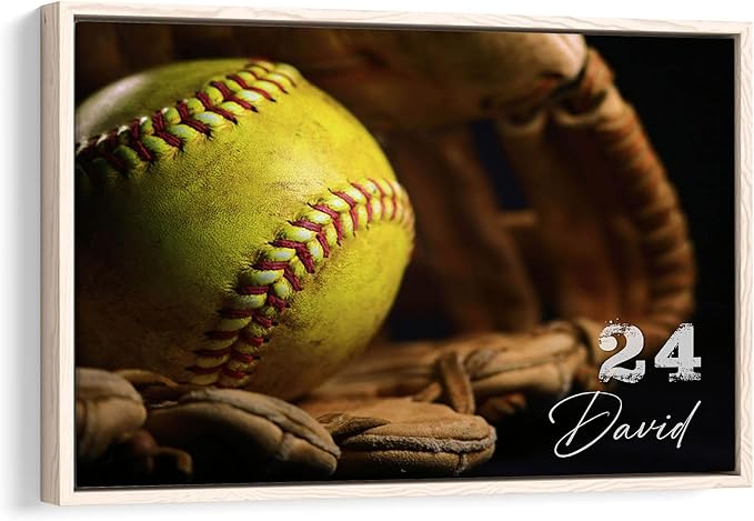 Personalized Softball Poster & Framed Canvas, Softball Old Glove Vintage Home Office Decor, Custom Name Number Bedroom Living Room Aesthetic Wall Art Gift For Girl, Women