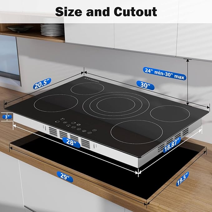 SNDOAS Electric Cooktop 30 inch,9000W 5-Burner Built-in Electric Stove Top with Ceramic Glass & 9 Power Levels,240V Hardwired,Child Lock & Overheat Protection,30" for Standard Countertop Cutout