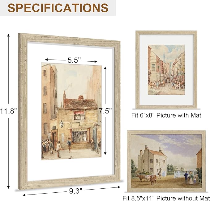 Vittanly 8.5x11 Picture Frame, Solid Wood Frame with Plexiglass, Includes 6x8 Mat, Wall Hanging or Tabletop for Photos, Home Decor, Light OAK, 1 Pack