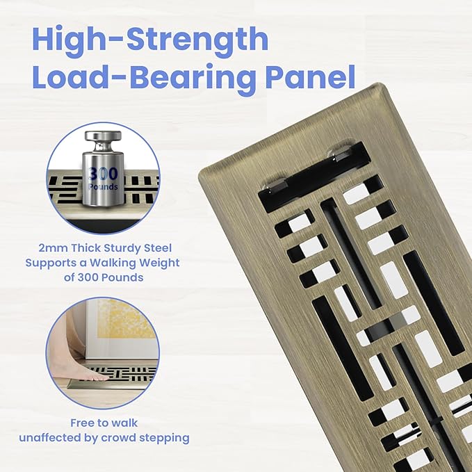2x10 Inches 2 Pack Heavy Duty Walkable Floor Register Easy Adjust Air Supply Lever Floor Vents - Seattle Design - Vent Cover for Home Floor - Antique Brass