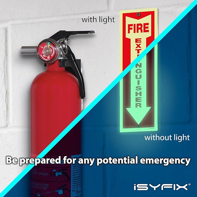 iSYFIX Fire Extinguisher Glow in the Dark Signs – 5 Pack 4x12 Inch – 40 mil Thick Polystyrene Plastic, Laminated for Ultimate UV, Weather, Scratch, Water & Fade Resistance, Indoor & Outdoor