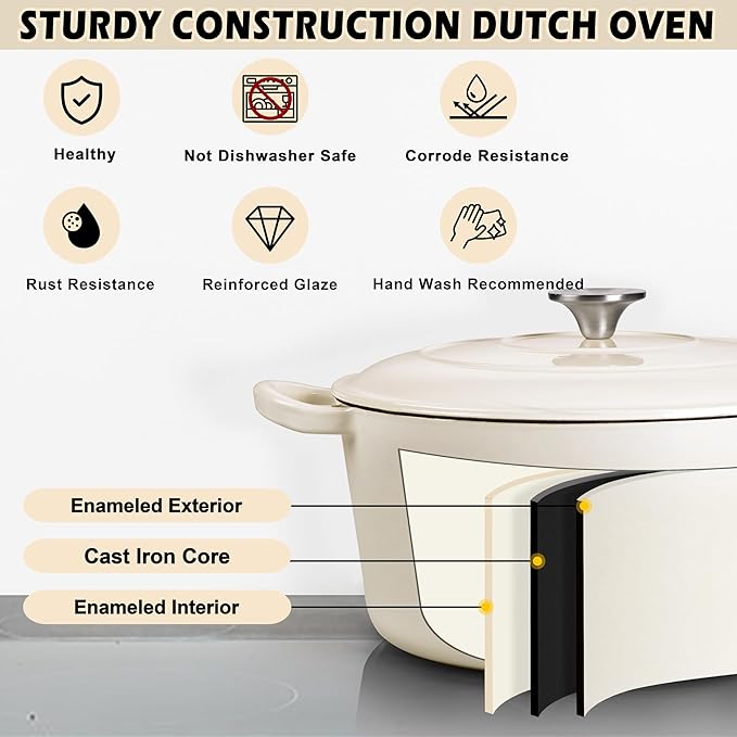 TeamFar 3qt Dutch Oven, Small Enameled Cast Iron Dutch Oven Pot with Lid, For Bread Baking/Stewing/Braising/Frying, Various Stoves & Oven Safe, Non-stick & Easy Clean, White