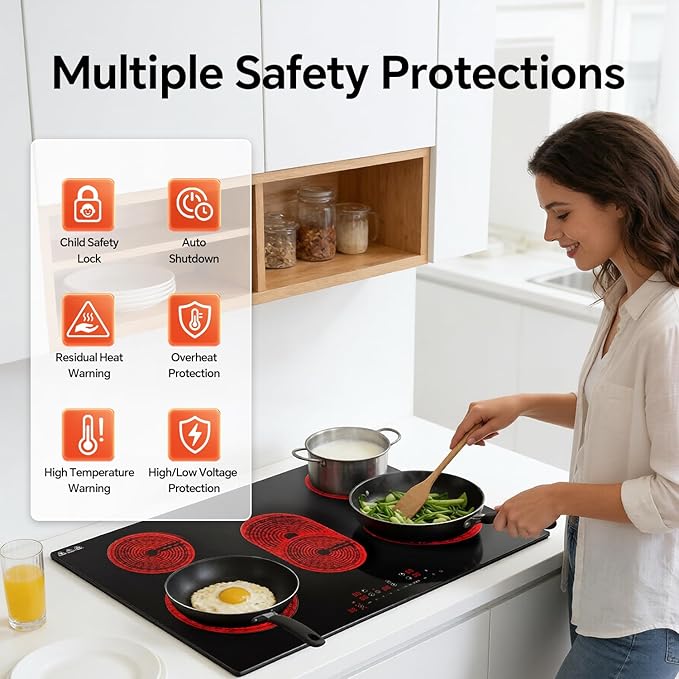 Ranein Electric Cooktop with 5 Burners, 30 inch 8800W 240V Ceramic Panel Electric Cooktop, Multiple Safety Protections Stove, Touch Screen