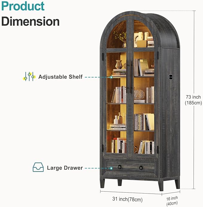 Lvifur 73" Tall Arched Display Cabinet with Glass Doors,4-Tier Storage Cabinet with Human Body Sensor,LED Curio Cabinets with 3 Color Lights for Collectibles,Ajustable Shelf for Toys, Books,Brown