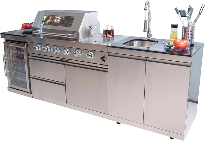 98-Inch Natural Gas Outdoor Kitchen Island - 72000 BTU 4-Burner Grill with Refrigerator, Granite Countertops & Rotisserie, Silver