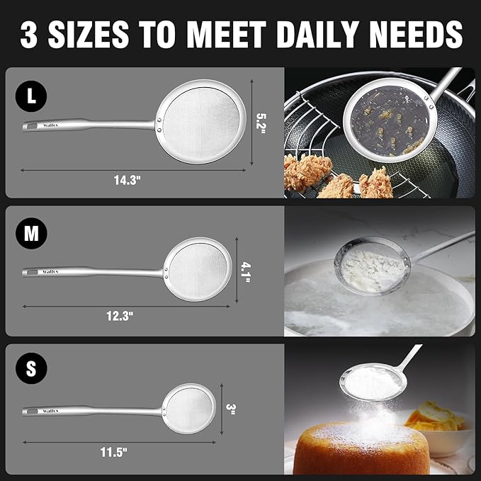 Walfos Fat Skimmer Spoon, 304 Stainless Steel Fat skimmer For Cooking, 3", 4" & 5 inch fine mesh skimmer, Food Strainer Fit For Separation Of The Floating Foam, Fat, Grease, Set of 3