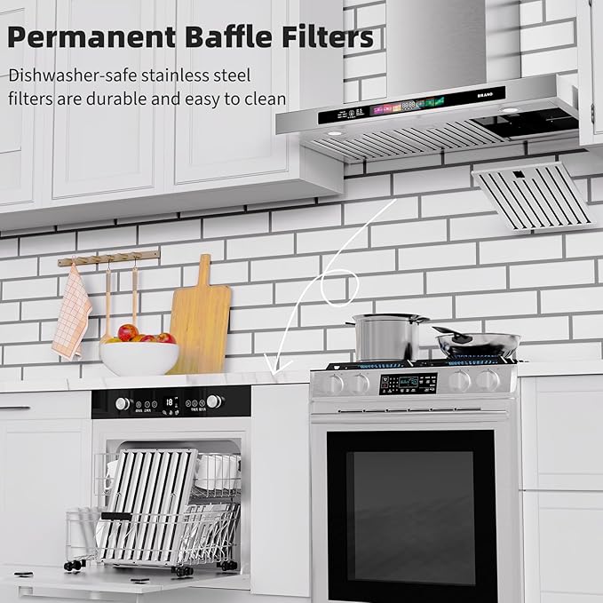 BRANO 36 Inch Wall Mount Range Hood 900 CFM with Voice/Gesture/Touch Control, Stainless Steel Ducted Kitchen Hood Vent with 4 Speed Exhaust Fan, Memory Mode, Adjustable Lights