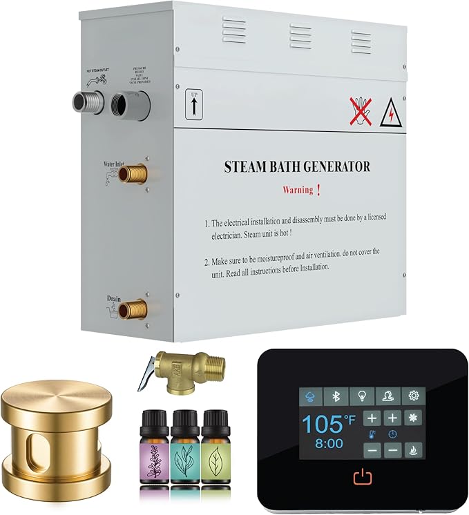 Builders Series 6kW Steam Bath Generator with Quickstart Continuous Steam, Black Digital Touch Pad, Built-in Auto-Drain, and Aroma Steamhead in Gold Finish