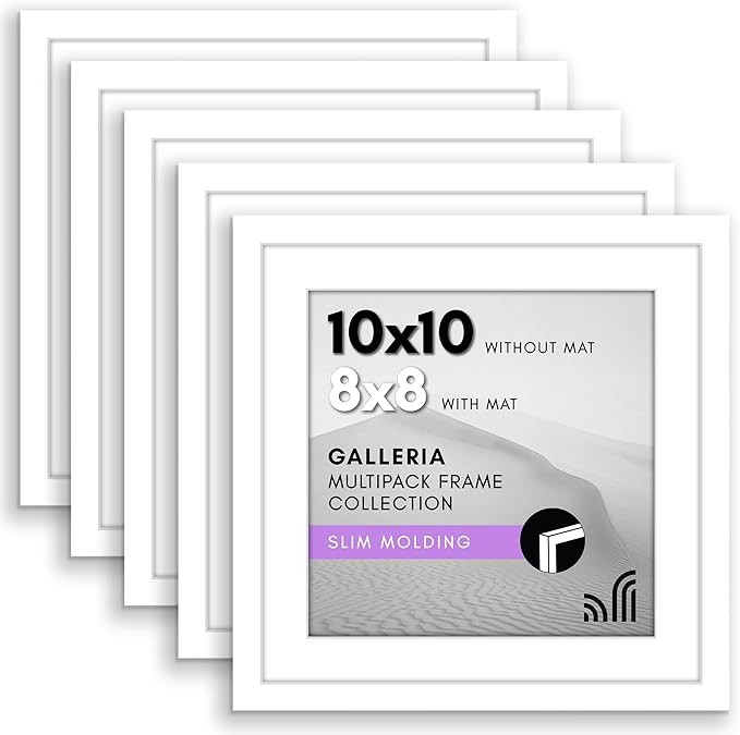 Americanflat 10x10 Picture Frame with Polished Plexiglass - Set of 5 - Use as 8x8 Frame with Mat or Display 10x10 Photo Without Mat - Galleria Collection - Square Frames or Tabletop and Wall - White