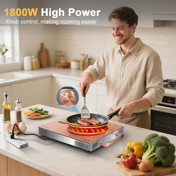 Electric Cooktop Single Burner, 110V Portable Electric Stove 1800W, One Burner Hot Plate with Knob & Touch Control, Countertop, Timer & Safety Lock, 110-120V Plug in(Orange)