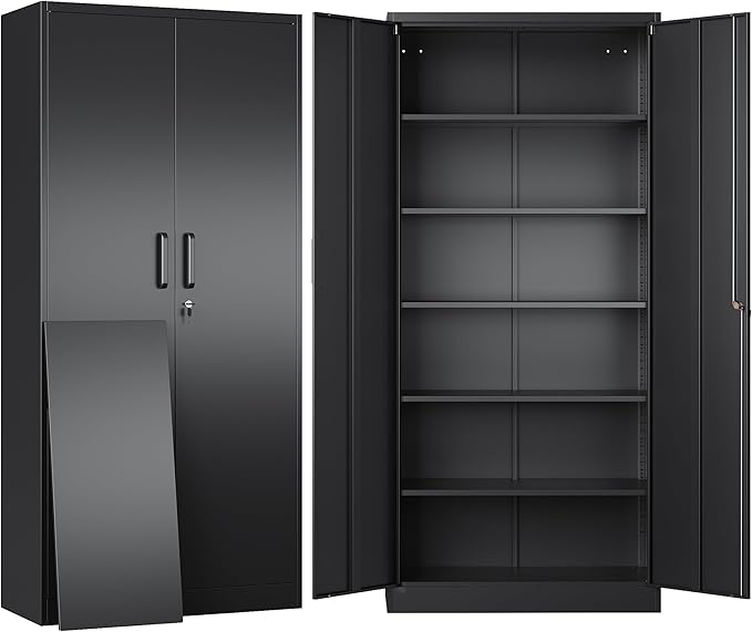 SISESOL Metal Storage Cabinet with Lock and 5 Adjustable Shelves,Lockable Garage Storage Cabinet,71" Black Steel File Cabinets with Locking Doors,Tool Cabinets for Home,Office,Garage