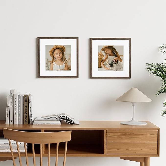 Vittanly 12x12 Picture Frame Set of 2, Solid Wood Frame for Wall Art Photo and Prints, Display Photo 8x8 with Mat or 12x12 without Mat, Brown