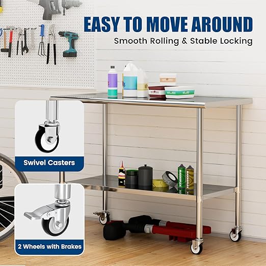 Stainless Steel Work Table with Wheels, 24x60 Inch NSF Kitchen Prep Table with Adjustable Undershelf for Commercial Restaurant, Garage, Outdoor BBQ