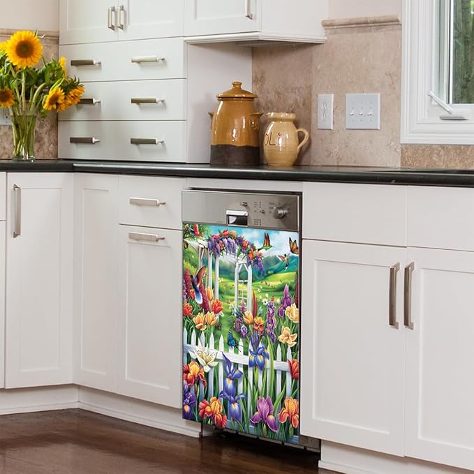Garden Iris Bird Butterflies Dishwasher Magnet Cover, Reusable Refrigerator Panel Stickers Microwave Front Door Covers Magnets for Kitchen Home Appliances Holiday Party Decorations 23 X 26 in
