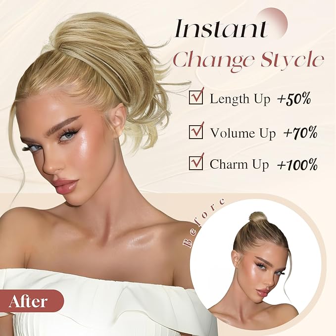Sofeiyan Claw Clip Short Ponytail Extension DIY Bendable Wires Hair Bun Fluffy Fake Hair Piece Straight Synthetic Hair Ponytail Extensions for Wonen - Blonde with Light