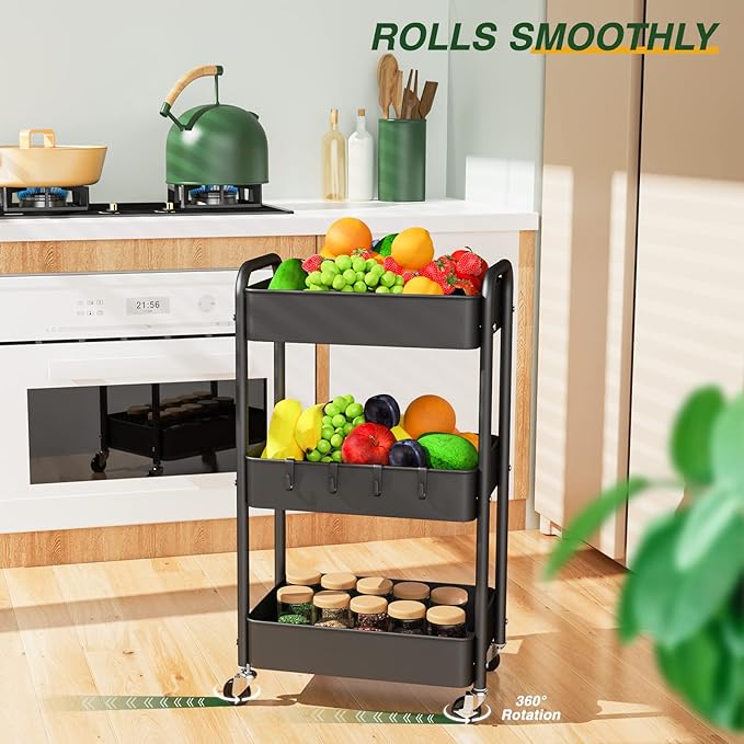 LEHOM 3 Tier Rolling Storage Cart, Metal Trolley Utility Cart with Wheels & Hooks, Easy Assembly Organizer Storage Cart for Bathroom Kitchen Office Bedroom