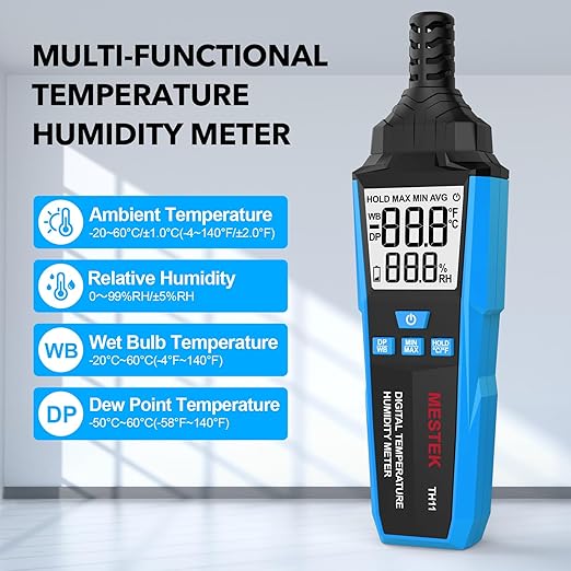 MESTEK Temperature Humidity Meter, High Precision Digital Hygrometer with Ambient, Dew Point, Wet Bulb Temperature for Indoor Outdoor, Thermometer with Min/Max, Data Hold, LCD Backlight, TH11