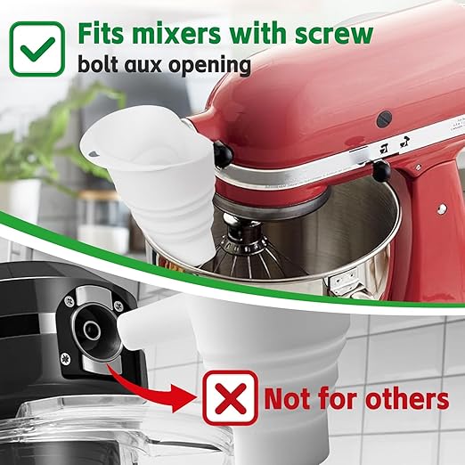 Flour Funnel for Kitchen Aid Mixer - Stand Mixer Attachment Accessory Compatible with (KSM150) 4.5-5 Qt Tilt-Head Mixers,Easy Pour Anti-Splash Baking Tool,for Egg Liquid and Both Flour -White