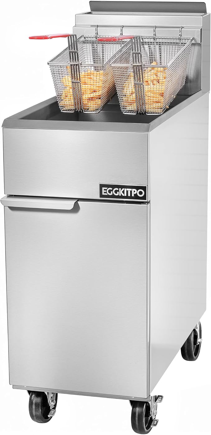 EGGKITPO 50lb. Commercial Gas Deep Fryer 4 Tubes Liquid Propane Gas Fryer CSA Certified Adjustable Thermostat 200℉-400℉ Floor Standing Fryer with 2 Baskets for Restaurant and Kitchen 120,000 BTU/h