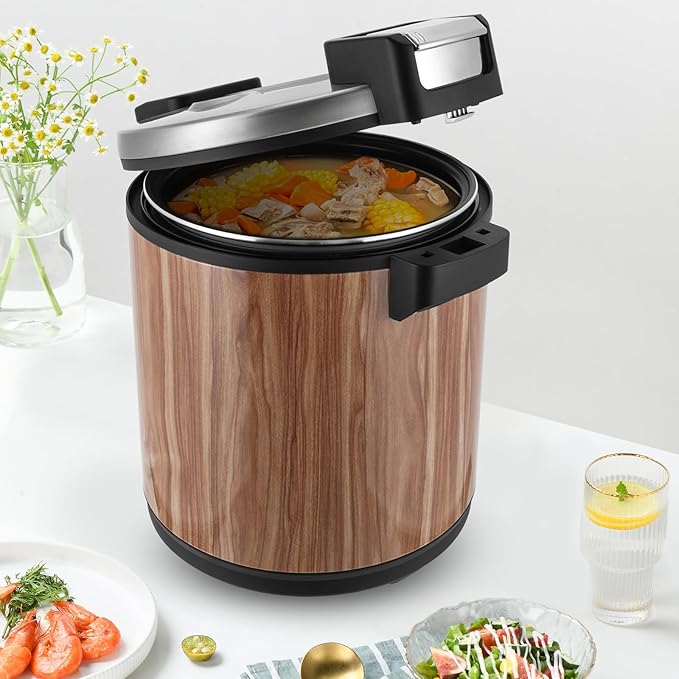 6-Gal Electric Rice Warmer | Two Temperature Settings | 110V 110W Commercial Food Warmer with Flip Lid & Rice Spoon for Parties, Festival Banquets, Catering (Wood Grain/American plug 110V)