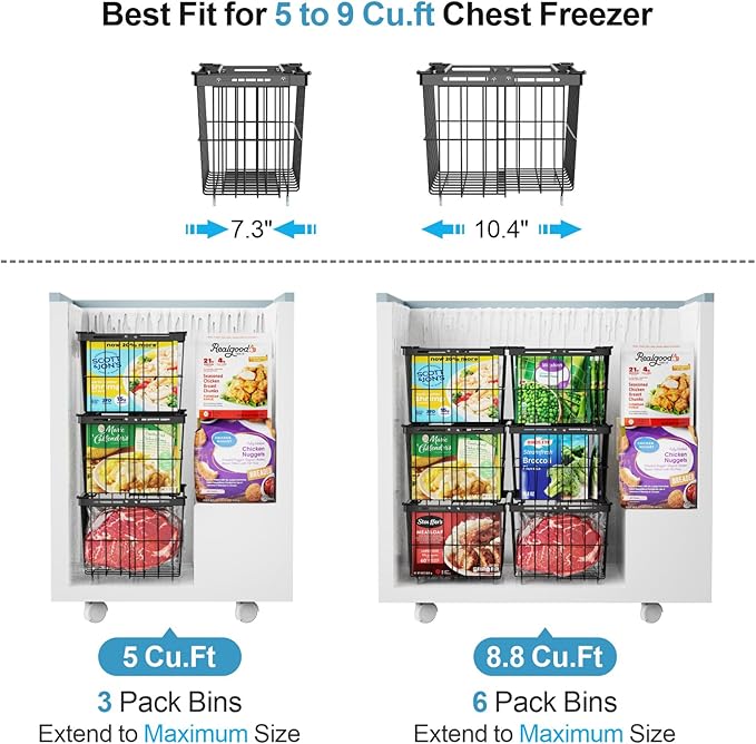 iSPECLE Freezer Organizer Bins - 5 Pack Adjustable Width for 5 to 7 Cu.Ft Chest Freezers, Stackable Wire Storage Baskets, Assembly Required, Black
