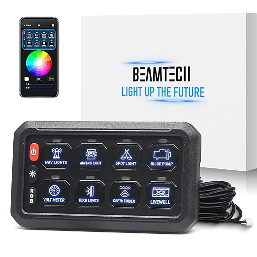 BEAMTECH 8 Gang Switch Panel, APP Remote Control RGB Toggle Momentary Pulsed Circuit Control Relay System Box Auxiliary Touch Control Switch LED Light Controller for Off Road ATV Car Truck