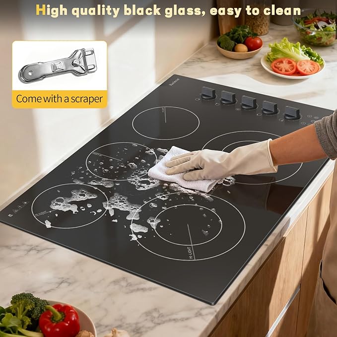 Karinear 30 inch Electric Cooktop, 8600W 5 Burner Radiant Electric Stove Top, Knob & Touch Control with 9 Power Levels, Expandable Zone, Timer, Child Safety Lock, 240V Hardwired