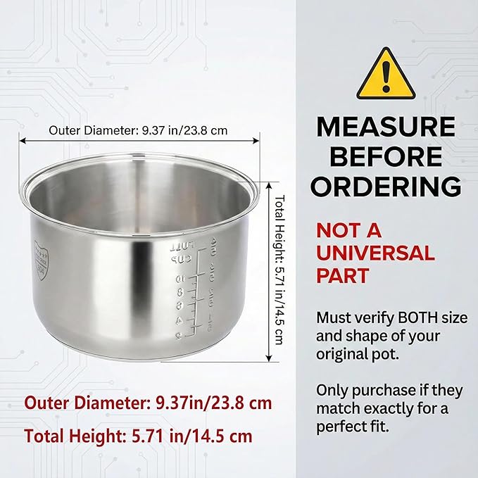 Rice Cooker Replacement Pot, Compatible with Tiger JBV-A18U and Aroma ARC-5000SB, 304 Stainless Steel Uncoated Inner Liner, Easy to Clean & Dishwasher Safe Insert