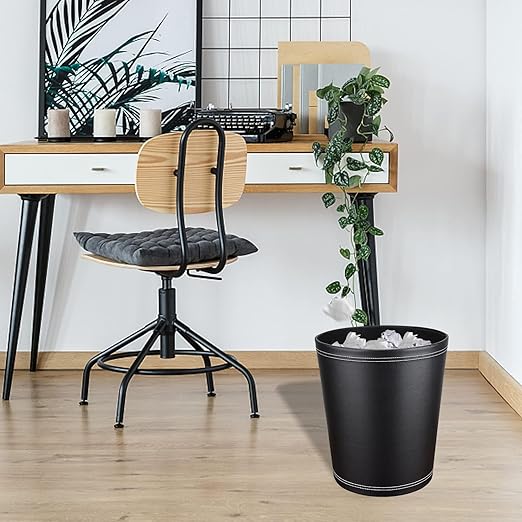 GORESE Pu Leather Trash Can, 2.6 Gallon Black Bathroom Trash Can, Small Office Garbage Can Wastebasket for Bedroom, Kitchen, Round Trash Bin Decorative Under-Sink/Desk/Home Easy to Clean