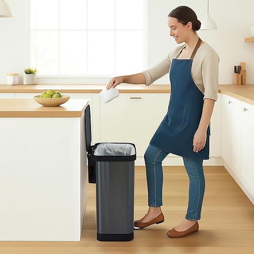 Glad Stainless Steel Step Trash Can with Clorox Odor Protection | Large Metal Kitchen Garbage Bin with Soft Close Lid, Foot Pedal and Waste Bag Roll Holder, 13 Gallon, Pewter