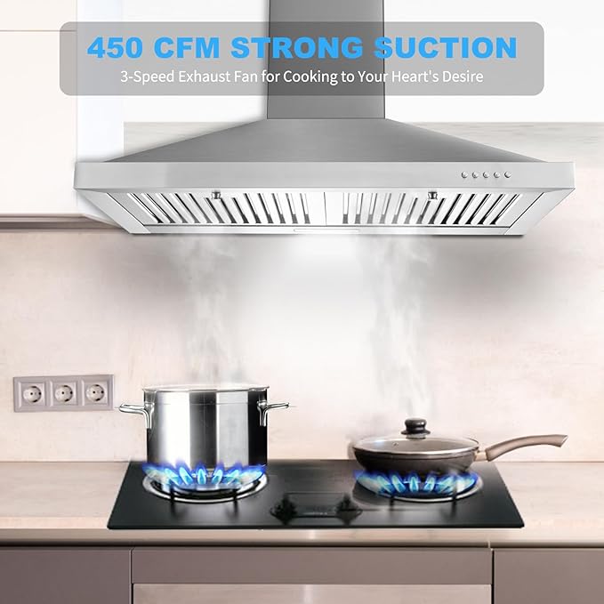 Range Hood, Range Hoods 30 inch Stainless Steel, 450 CFM Kitchen Hood with LED Light Baffle Filters, 3 Speed Exhaust Fan Vent Hood