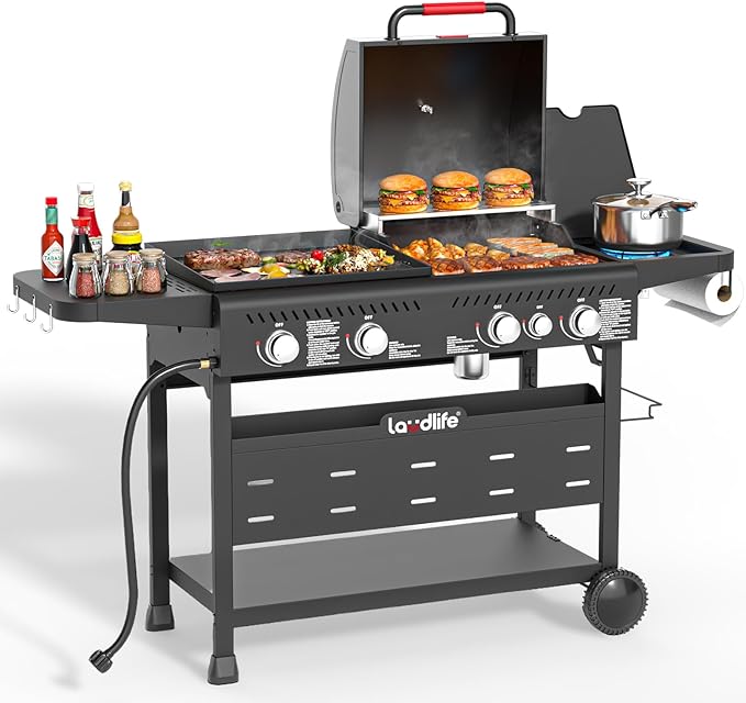 Propane Gas Griddle Grill Combo with Side Burner, Non-Stick Porcelain-Enameled Cast Iron Grate & Pan, 5 Burners Dual BBQ Grills, 702 SQ.IN Cooking Area, Heavy-Duty Stand for Backyard