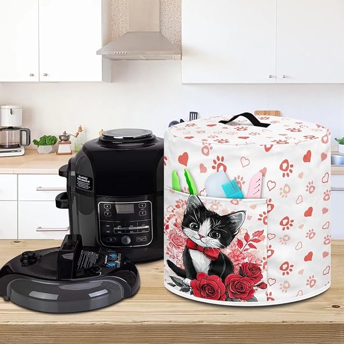 Cat Rose Heart Love Print Dust Cover for 6 Quart Instant Pot, Dust Proof Pressure Cooker Cover Valentine's Day Decoration Electric Appliance Cover Air Fryer Accessories with Pocket and Handle