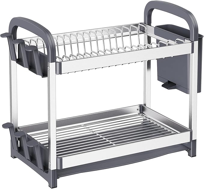 Nieifi 2-Tier Dish Drying Rack, Large Stainless Steel and Aluminum Kitchen Organizer