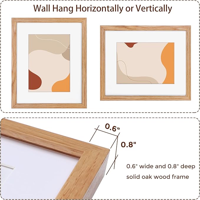 Natural Oak 8x10 Picture Frames Set of 3, Solid Oak Wood Frame, Matted to 5x7, Tempered Glass, Wall & Tabletop, 3 Pack