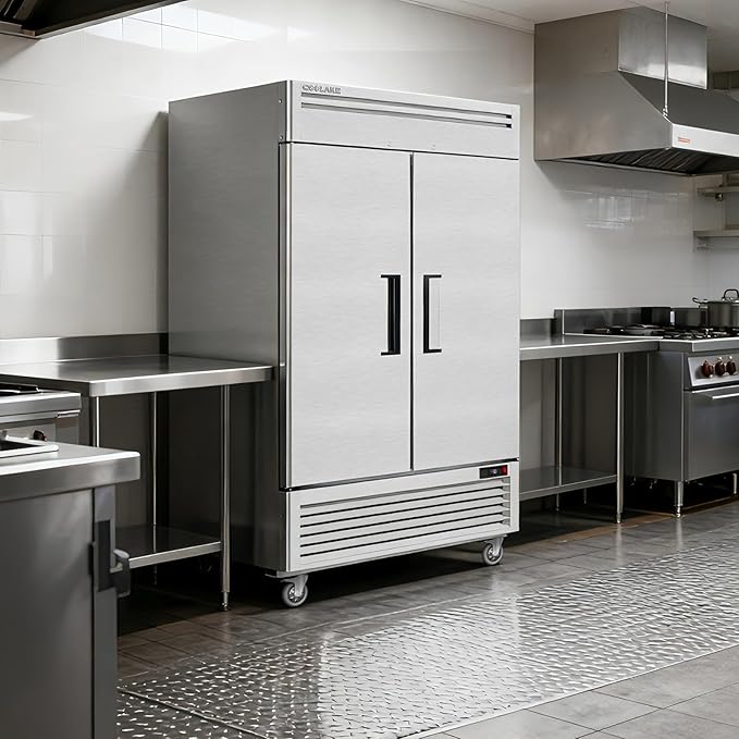 Coolake 54" W Commercial Freezer, 49 Cu Ft Solid Door Upright Freezer with 8 Adjustable Shelves, -13°F ~ -5°F, Frost-free Stainless Steel Industrial Reach-in Freezer for School Restaurant Prep Kitchen