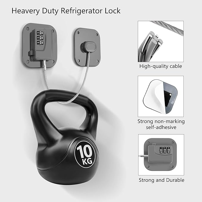 Refrigerator Lock, Heavy Duty Fridge Lock, Combination Lock for Refrigerator Cabinets, Drawers, Safety, Easy Install No Keys Needed (Grey-2Pack)