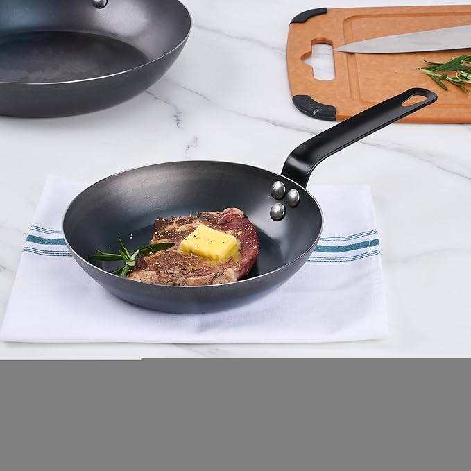 Restaurantware-Met Lux 8 Inch Fry Pan, 1 Lightweight Frying Pan - Induction-Ready, Triple-Riveted, Black Carbon Steel Cooking Skillet, Durable, For Searing, Sauteing, And Browning Food
