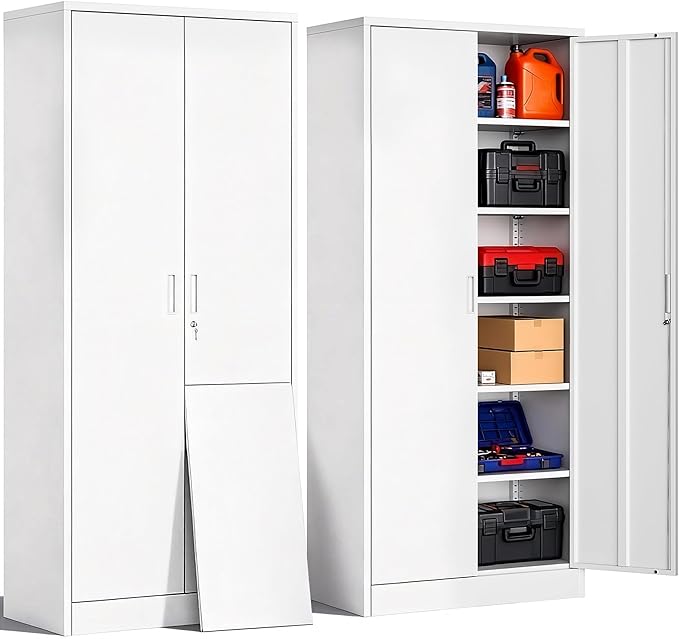 CJF Metal Storage Cabinets with 5 Adjustable Shelves, 71" H Locking Storage Cabinet for Garage, Office, School - White