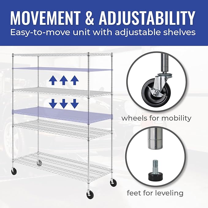 SafeRacks WS-602472-ZW4 NSF Certified 4-Tier Heavy Duty Wire Rack Storage Shelves with Wheels & Adjustable Feet, 24"x60"x72", Silver