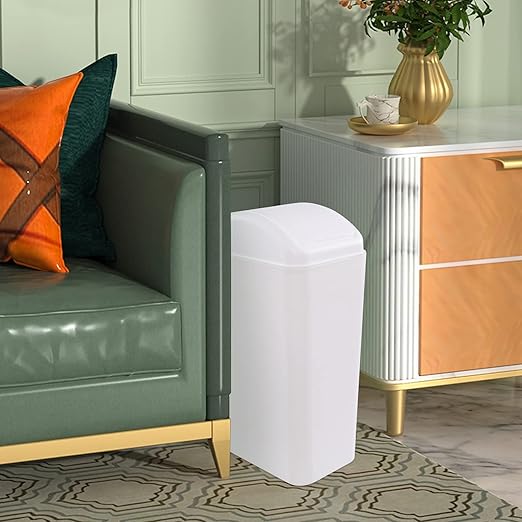 Vababa 1 Pack 3 Gallon Plastic Swing Top Trash Can, Slim Garbage Bin with Swing-Lid, White