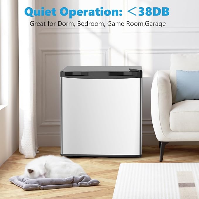 1.6 Cu.ft Mini Fridge with Freezer, Compact Single Reversible Door Refrigerator, Adjustable Thermostat, Ultra Quiet, Energy Efficient for Office, Dorm, Bedroom, Apartment -Silver