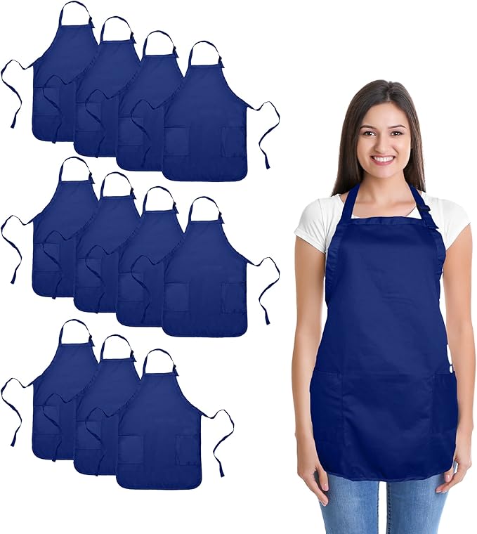 DALIX Apron Commercial Restaurant Home Bib Spun Poly Cotton Kitchen Aprons (2 Pockets) in Navy Blue 12 Pack
